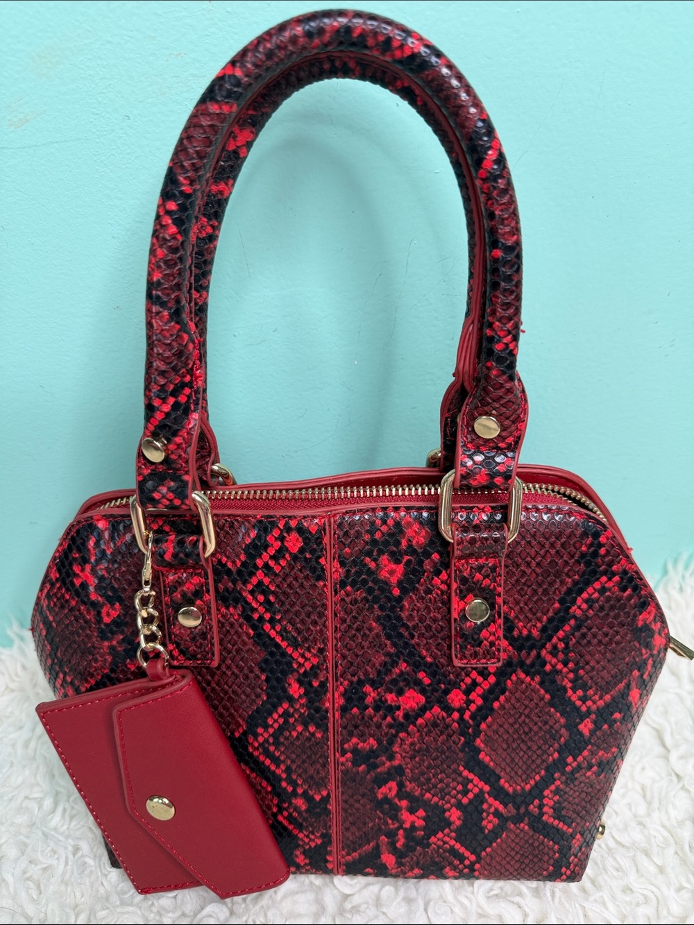 Red Snake-Print Satchel Handbag with Card Holder.NO LONG STRAP!